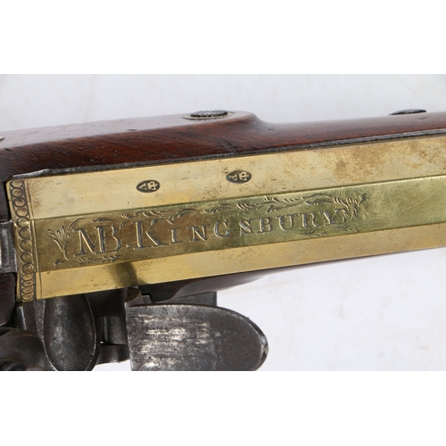 214 - A BRASS BARRELLED FLINTLOCK BLUNDERBUSS WITH SPRING BAYONET, RETAILED BY JOHN BOBBIT, BUNGAY, SUFFOL... 