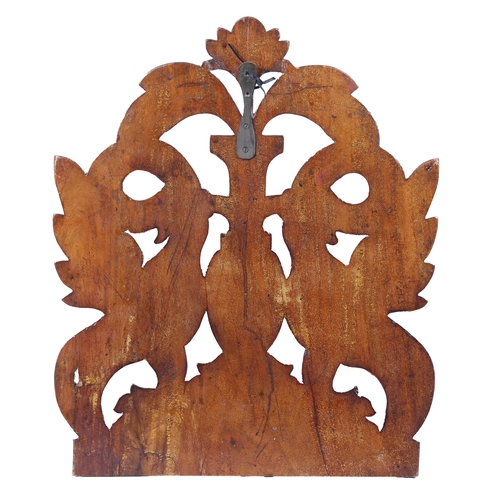 228 - A LARGE MAHOGANY PIERCED AND CARVED CRESTING PANEL, CIRCA 1830. Designed with paired cockatrice, cen... 