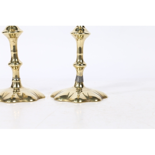 239 - A PAIR OF GEORGE II BRASS CANDLESTICKS. with a broad flange above a knopped stem set on a star petal... 