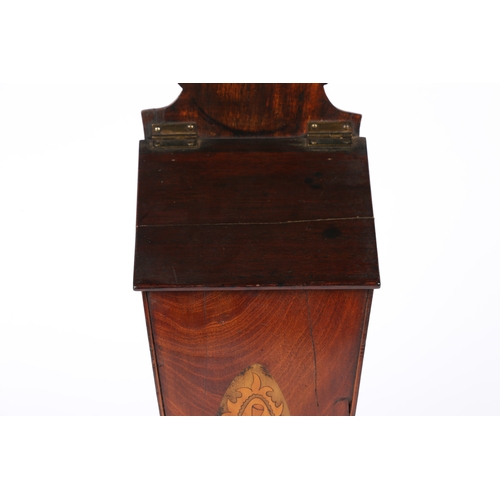28 - A GEORGE III MAHOGANY CANDLEBOX. with a shaped top above a sloping lid and a inlaid body.