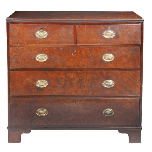 4 - A GEORGE III WELL-FIGURED SOLID BURR-ELM CHEST OF DRAWERS, CIRCA 1800. Having an impressive single-p... 