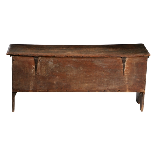 582 - A 17TH CENTURY OAK COFFER. The rectangular top with HC initials carved above a carved front panel wi... 