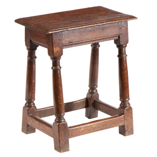 588 - A CHARLES II OAK JOINT STOOL, CIRCA 1660. Having an ovolo-moulded top, the rails with lower run-moul... 