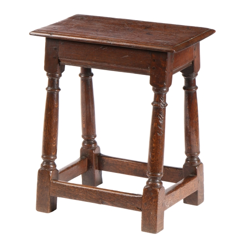 588 - A CHARLES II OAK JOINT STOOL, CIRCA 1660. Having an ovolo-moulded top, the rails with lower run-moul... 