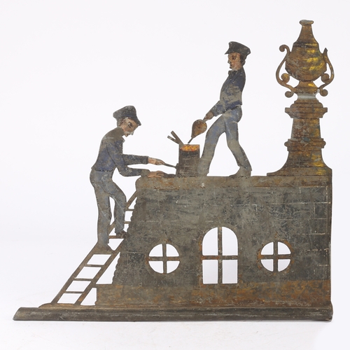60 - A 19TH CENTURY FOLK ART WEATHERVANE SECTION. Two blacksmiths working above a building with lattice w... 