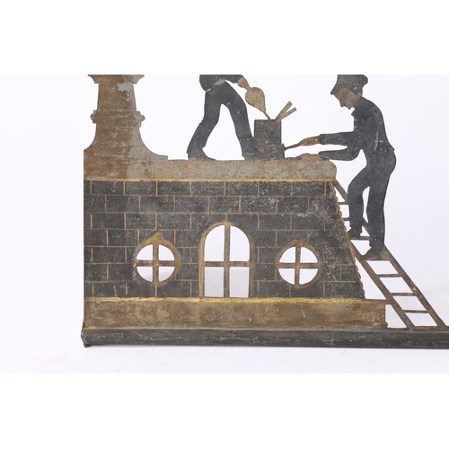 60 - A 19TH CENTURY FOLK ART WEATHERVANE SECTION. Two blacksmiths working above a building with lattice w... 
