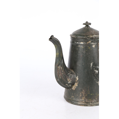 68 - A 19TH CENTURY TOLEWARE COFFEE POT. The petal final above a domed lid and tapered body with a fluted... 