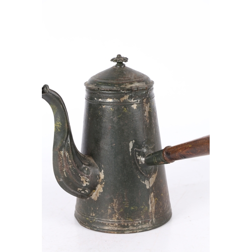 68 - A 19TH CENTURY TOLEWARE COFFEE POT. The petal final above a domed lid and tapered body with a fluted... 