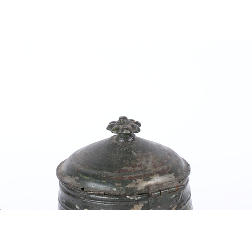 68 - A 19TH CENTURY TOLEWARE COFFEE POT. The petal final above a domed lid and tapered body with a fluted... 