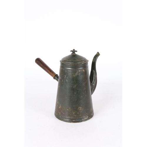 68 - A 19TH CENTURY TOLEWARE COFFEE POT. The petal final above a domed lid and tapered body with a fluted... 