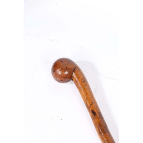 74 - OF SUFFOLK INTEREST: A FRUITWOOD PENWORK DECORATED WALKING CANE, NAMED & DATED MAY 4 1844. With inte... 