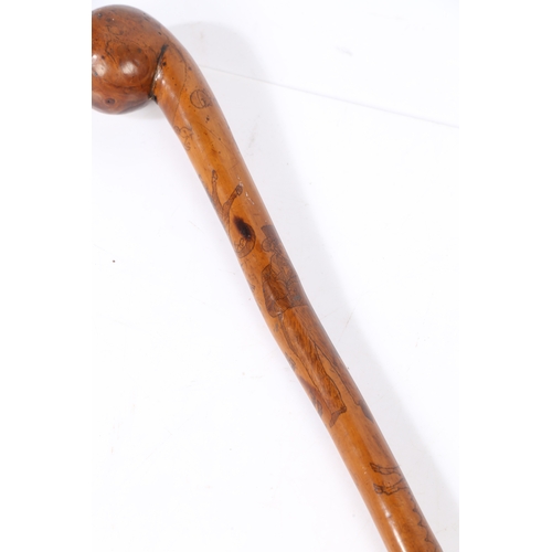 74 - OF SUFFOLK INTEREST: A FRUITWOOD PENWORK DECORATED WALKING CANE, NAMED & DATED MAY 4 1844. With inte... 