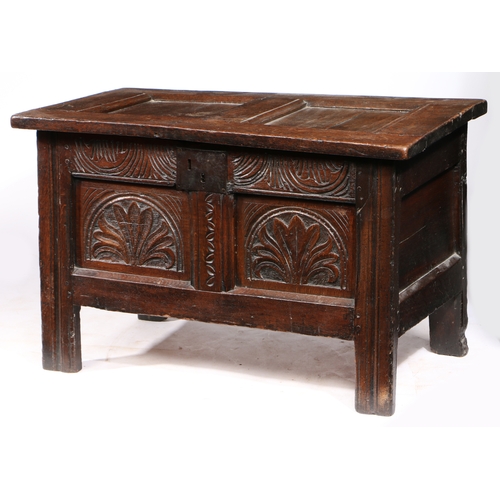 8 - A SMALL CHARLES I OAK COFFER, WEST COUNTRY, CIRCA 1630. Having a twin-panelled hinged lid, the front... 