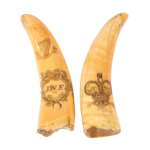 80 - TWO 19TH CENTURY ENGRAVED SPERM WHALE TEETH (SCRIMSHAW), BRITISH. One engraved with a female portrai... 