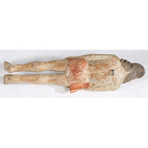 83 - A 17TH CENTURY CARVED AND POLYCHROME-DECORATED CORPUS CHRISTI. With typical long limbs, eyes closed ... 