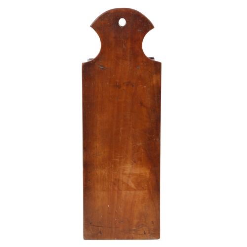 86 - A GEORGE III YEW WOOD CANDLE BOX, CIRCA 1800. The backplate with extended curved top for hanging, th... 