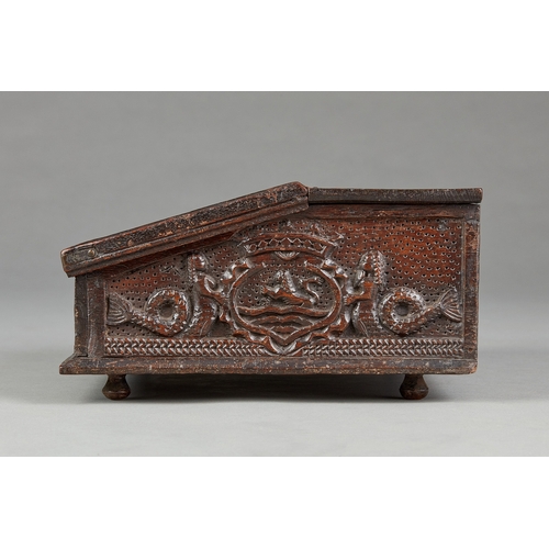 100 - A RARE AND SMALL ARMORIAL DOCUMENTS BOX, DUTCH, ZEELAND, DATED, 1, SEPTEMBER, 1770. A Baltic Oak slo... 