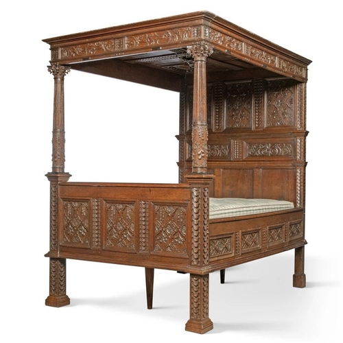 103 - AN EXCEPTIONAL ELIZABETHAN RENAISSANCE OAK TESTER BED, LOW COUNTRIES, CIRCA 1570-1600. The tester di... 