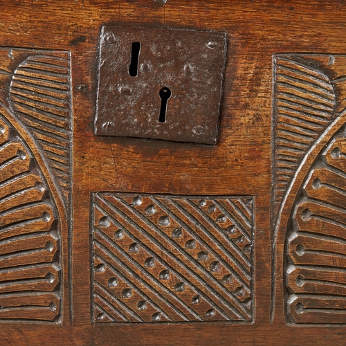 11 - A RARE HENRY VII/HENRY VIII, TUDOR OAK AND POLYCHROME CARVED BOARDED CHEST, CIRCA 14901520. A rare ... 