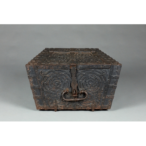 114 - A RARE AND DOCUMENTED TUDOR IRON BOUND OAK TRAPEZIUM SHAPED STRONG BOX, ANGLO/FLEMISH, CORBY CASTLE,... 