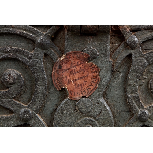 114 - A RARE AND DOCUMENTED TUDOR IRON BOUND OAK TRAPEZIUM SHAPED STRONG BOX, ANGLO/FLEMISH, CORBY CASTLE,... 