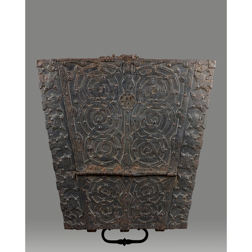 114 - A RARE AND DOCUMENTED TUDOR IRON BOUND OAK TRAPEZIUM SHAPED STRONG BOX, ANGLO/FLEMISH, CORBY CASTLE,... 