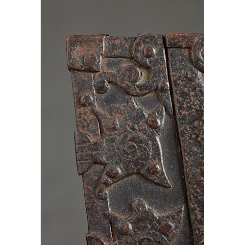 114 - A RARE AND DOCUMENTED TUDOR IRON BOUND OAK TRAPEZIUM SHAPED STRONG BOX, ANGLO/FLEMISH, CORBY CASTLE,... 