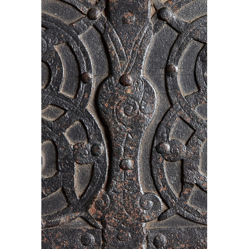 114 - A RARE AND DOCUMENTED TUDOR IRON BOUND OAK TRAPEZIUM SHAPED STRONG BOX, ANGLO/FLEMISH, CORBY CASTLE,... 