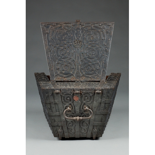 114 - A RARE AND DOCUMENTED TUDOR IRON BOUND OAK TRAPEZIUM SHAPED STRONG BOX, ANGLO/FLEMISH, CORBY CASTLE,... 