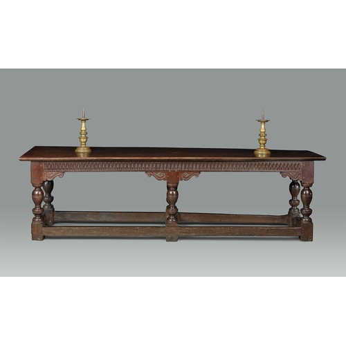 23 - A FINE AND PROVENANCED JAMES / CHARLES I SIX LEG OAK REFECTORY TABLE, HASELOUR HALL, STAFFORDSHIRE, ... 