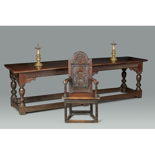 23 - A FINE AND PROVENANCED JAMES / CHARLES I SIX LEG OAK REFECTORY TABLE, HASELOUR HALL, STAFFORDSHIRE, ... 