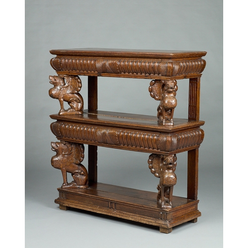 32 - A RARE ELIZABETHAN OAK THREE TIER BUFFET WITH QUADRUPLE GRIFFIN SUPPORTS, HOME COUNTIES, CIRCA 1570-... 