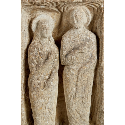 36 - A FINE 13TH CENTURY LIMESTONE BAS RELIEF CARVING OF SAINT JOACHIM AND SAINT ANNE, ANGLO/FRENCH, CIRC... 