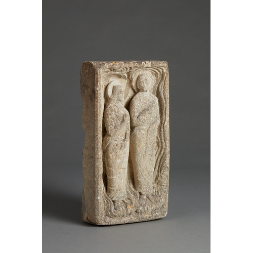 36 - A FINE 13TH CENTURY LIMESTONE BAS RELIEF CARVING OF SAINT JOACHIM AND SAINT ANNE, ANGLO/FRENCH, CIRC... 