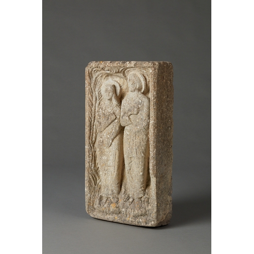 36 - A FINE 13TH CENTURY LIMESTONE BAS RELIEF CARVING OF SAINT JOACHIM AND SAINT ANNE, ANGLO/FRENCH, CIRC... 