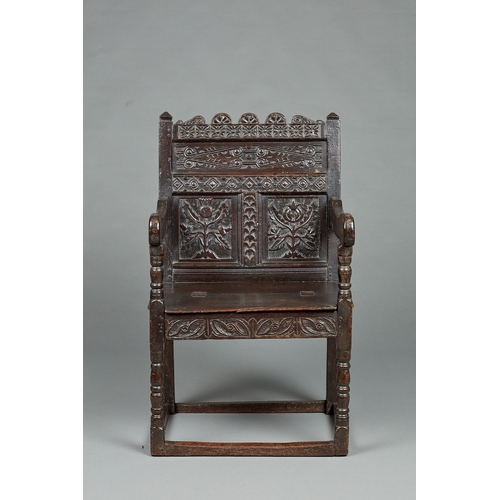 47 - A RARE AND UNUSUAL LANCASHIRE OAK BOX SEATED ARMCHAIR, FROM EAST BARSHAM MANOR, NORFOLK, CIRCA 1660-... 