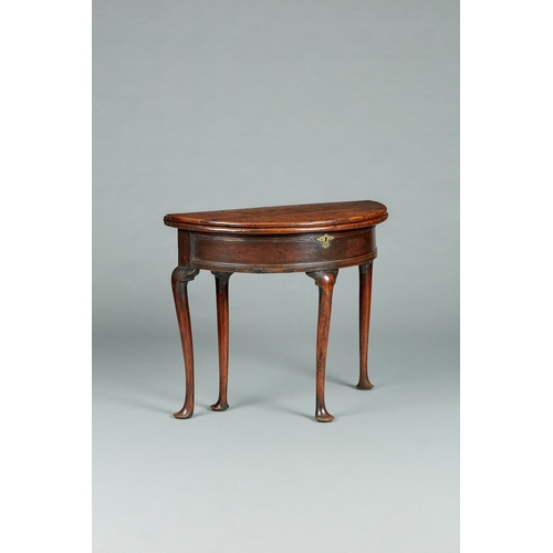 52 - A RARE GEORGE II/GEORGE III YEW DEMI-LUNE FOLDING BOX-TOP TABLE, ENGLISH, CIRCA 1730-1750. The figur... 