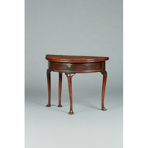 52 - A RARE GEORGE II/GEORGE III YEW DEMI-LUNE FOLDING BOX-TOP TABLE, ENGLISH, CIRCA 1730-1750. The figur... 