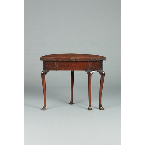 52 - A RARE GEORGE II/GEORGE III YEW DEMI-LUNE FOLDING BOX-TOP TABLE, ENGLISH, CIRCA 1730-1750. The figur... 