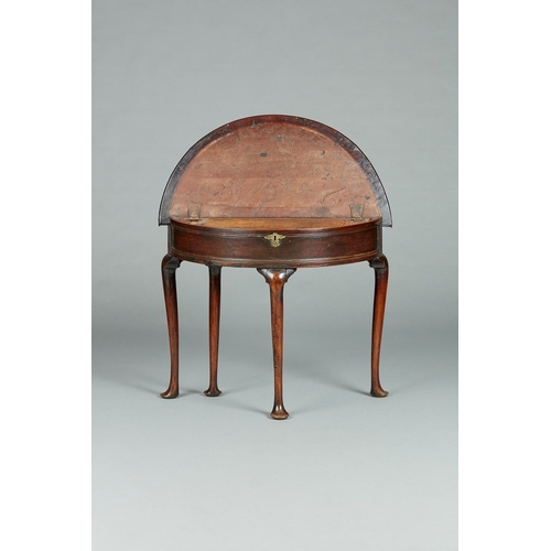 52 - A RARE GEORGE II/GEORGE III YEW DEMI-LUNE FOLDING BOX-TOP TABLE, ENGLISH, CIRCA 1730-1750. The figur... 