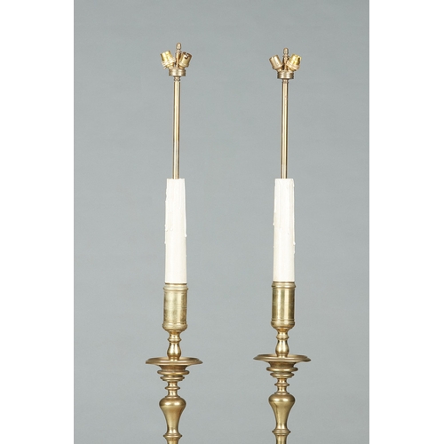 55 - A PAIR OF LATE 18TH/EARLY 19TH CENTURY TALL BRASS ALTAR CANDLESTICKS, CIRCA 1790-1800. The deep sock... 