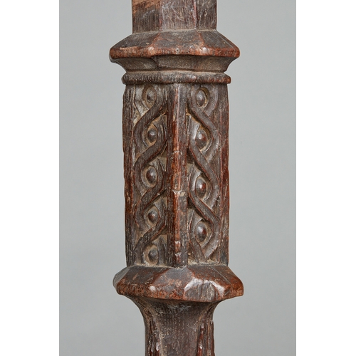 6 - TWO SECTIONS OF HENRY VIII OAK BEDPOSTS, CIRCA 1540. A pair of Tudor bedpost sections with short oct... 