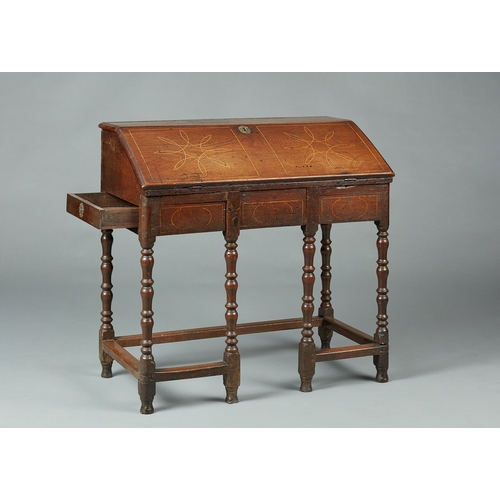 62 - A RARE WILLIAM & MARY/QUEEN ANNE INLAID WRITING DESK ON STAND, CIRCA 1685-1705. The moulded top inla... 