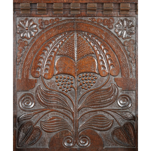 63 - A RARE MID 17TH CENTURY OAK TABLE CHAIR, SOUTH LANCASHIRE/CHESHIRE, CIRCA 1640-1660. The twin board ... 