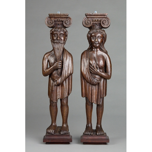 64 - AN IMPORTANT AND LARGE PAIR OF ELIZABETHAN OAK CARYATID AND ATLANTA FIGURAL TERMS, ENGLISH, CIRCA 15... 