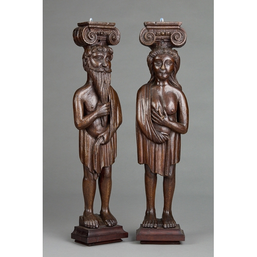 64 - AN IMPORTANT AND LARGE PAIR OF ELIZABETHAN OAK CARYATID AND ATLANTA FIGURAL TERMS, ENGLISH, CIRCA 15... 