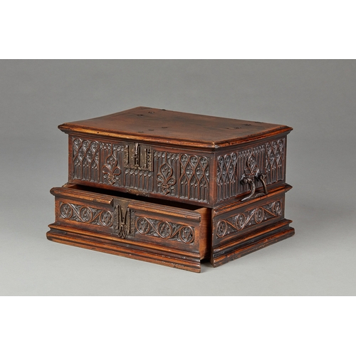 67 - AN EXCEPTIONAL GOTHIC WALNUT TRACERY CARVED DOCUMENTS BOX, SPANISH, CIRCA 1470-1500. Rare Gothic Wal... 