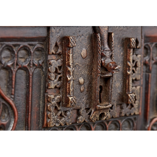 67 - AN EXCEPTIONAL GOTHIC WALNUT TRACERY CARVED DOCUMENTS BOX, SPANISH, CIRCA 1470-1500. Rare Gothic Wal... 