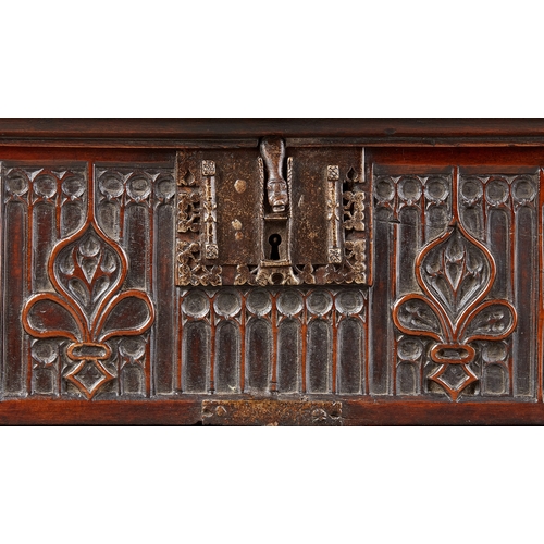 67 - AN EXCEPTIONAL GOTHIC WALNUT TRACERY CARVED DOCUMENTS BOX, SPANISH, CIRCA 1470-1500. Rare Gothic Wal... 