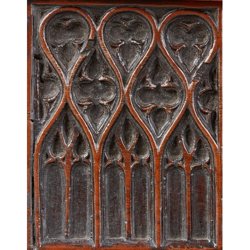 67 - AN EXCEPTIONAL GOTHIC WALNUT TRACERY CARVED DOCUMENTS BOX, SPANISH, CIRCA 1470-1500. Rare Gothic Wal... 